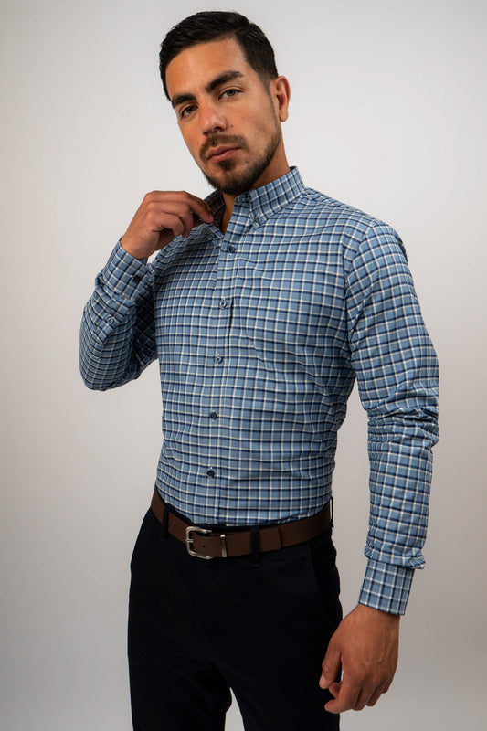 Camisa Cuadros Azul Algodón Stretch Slim Fit