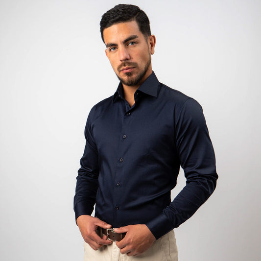 Camisa Azul Noche Contraste Algodón Stretch Slim Fit - BARBADENS