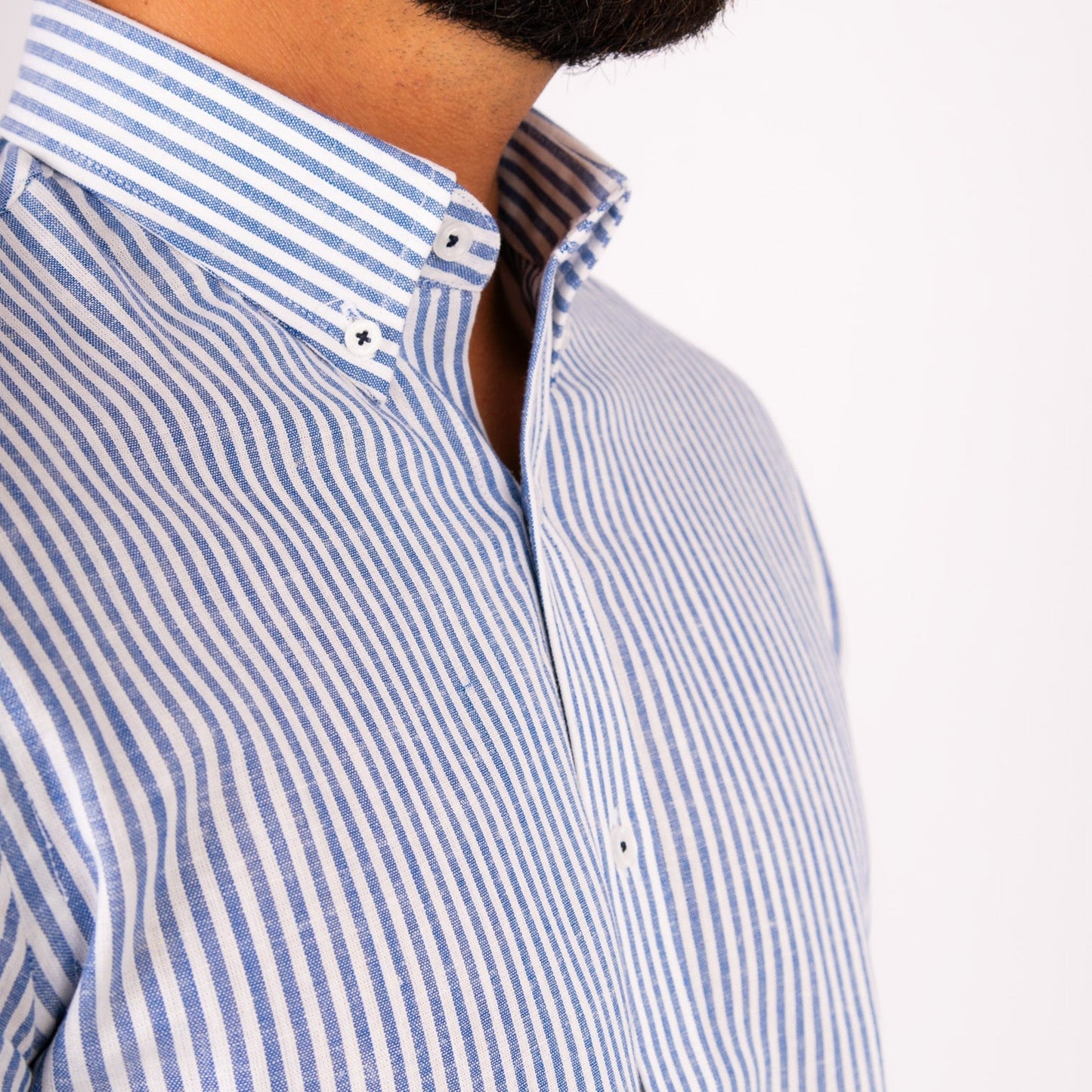Camisa Lino Algodón Rayas Azul Manga Corta Slim Fit - BARBADENS
