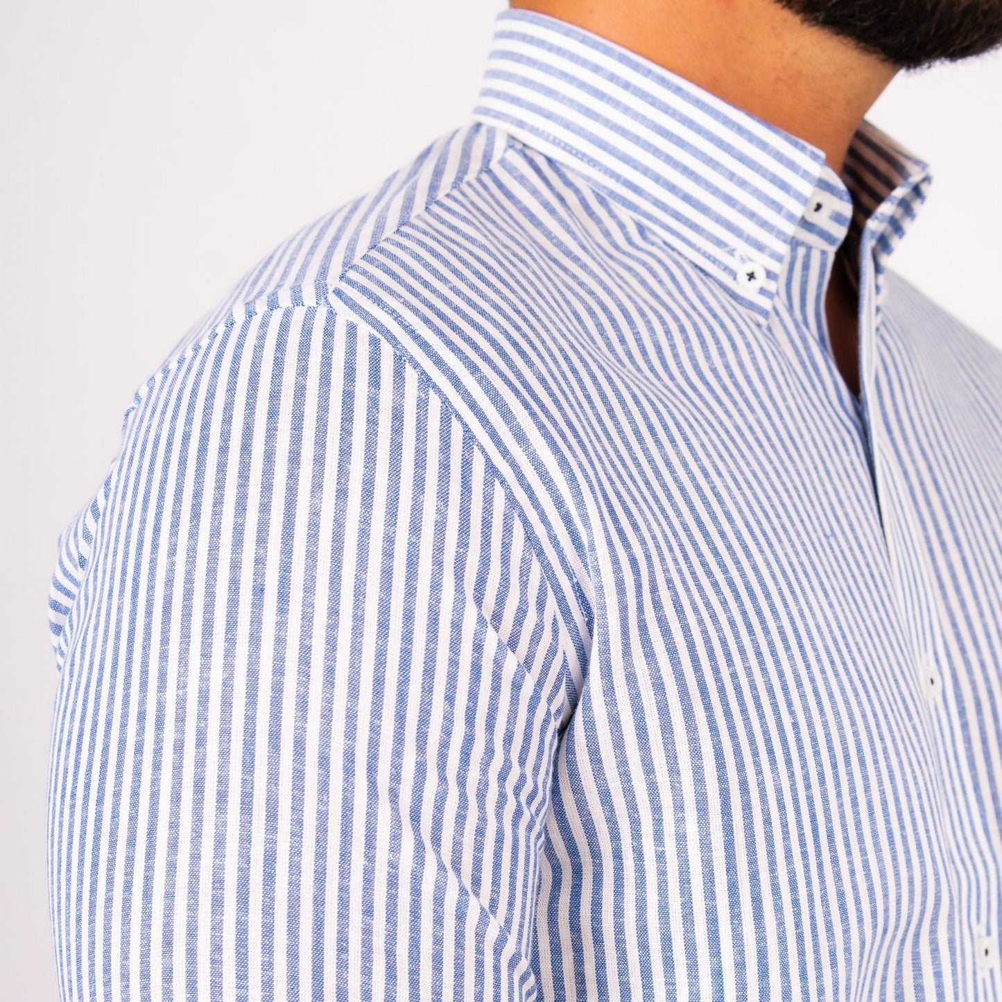 Camisa Lino Algodón Rayas Azul Manga Corta Slim Fit - BARBADENS