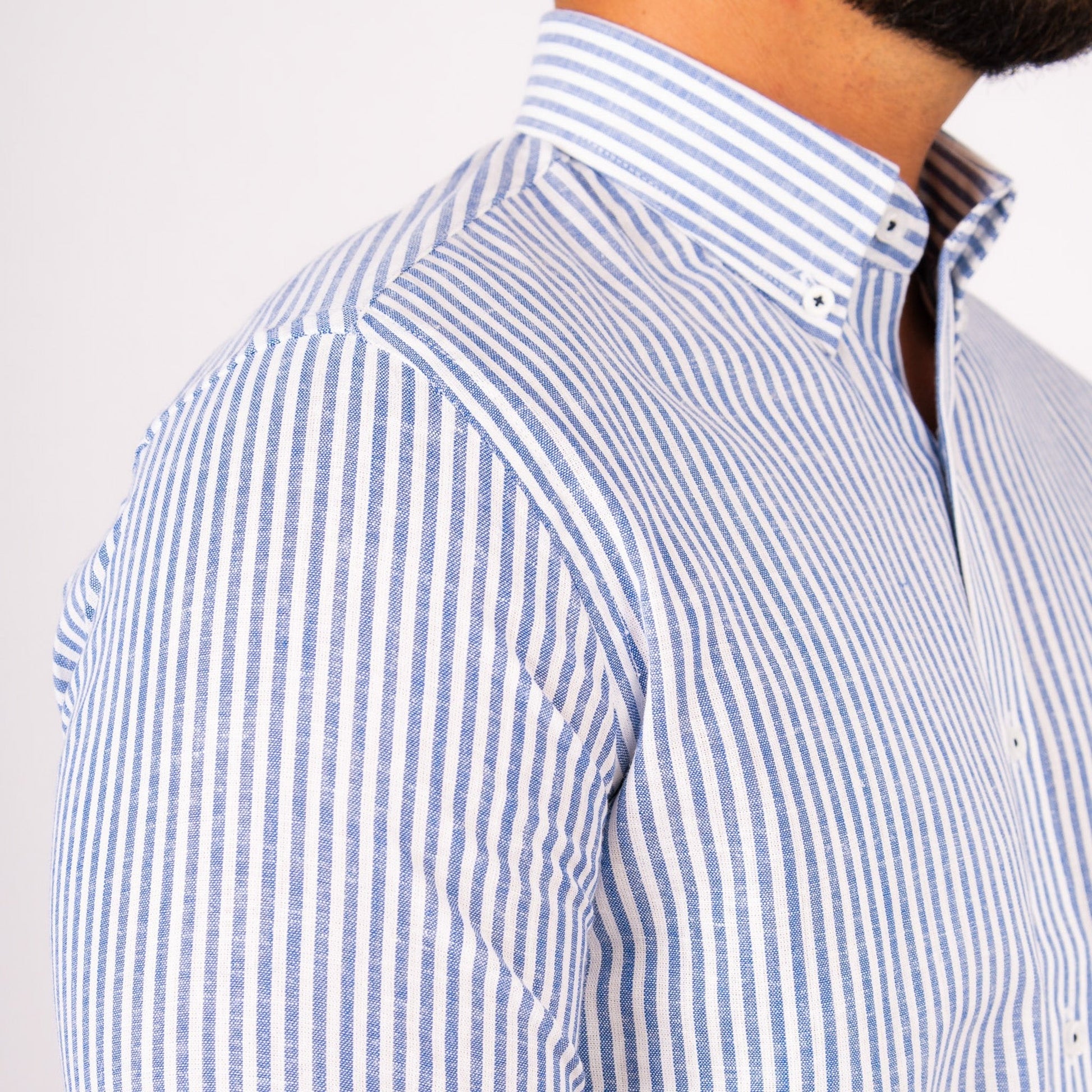 Camisa Lino Algodón Rayas Azul Manga Corta Slim Fit - BARBADENS
