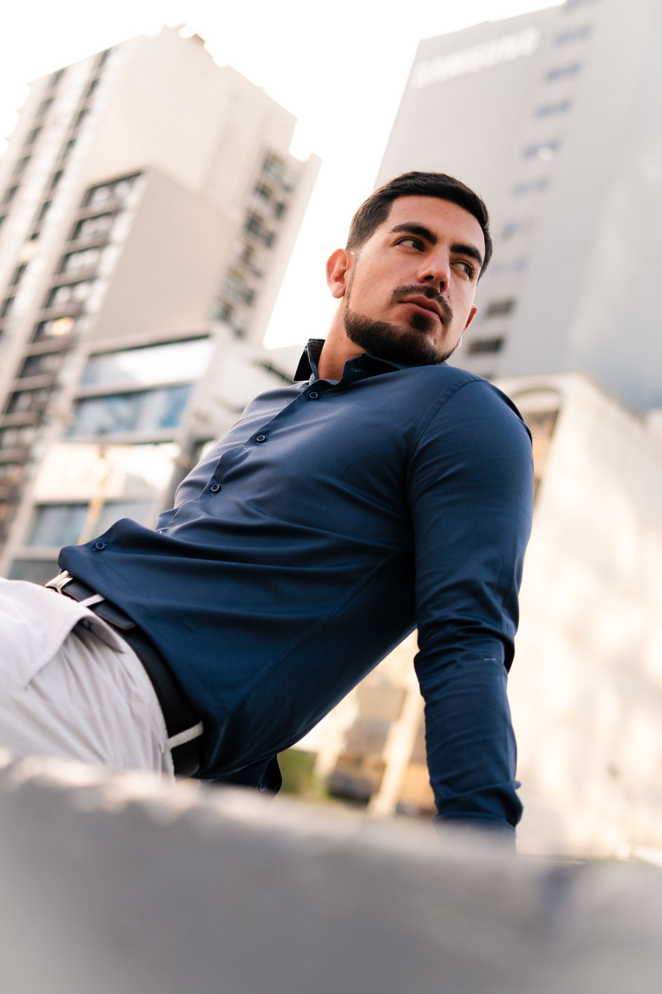 Camisa Azul Noche Contraste Algodón Stretch Slim Fit