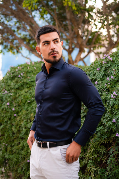 Preventa - Camisa Azul Noche Contraste Algodón Stretch Slim Fit