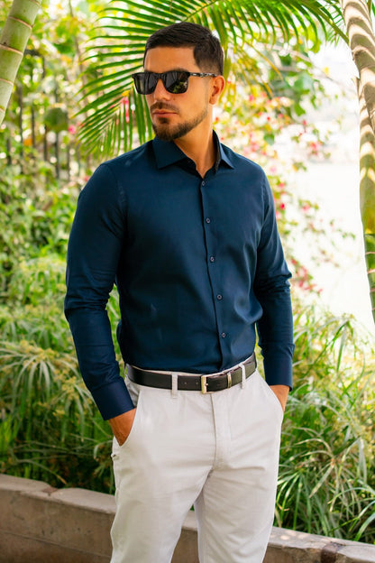 Camisa Azul Marino Dobby 100% Pima