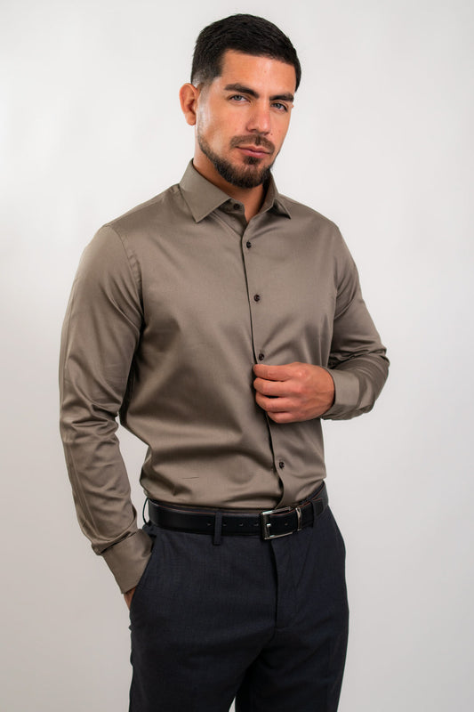 Preventa - Camisa Slim Fit Algodón Stretch Café