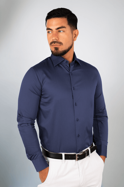 Camisa Azul Acero Algodón Stretch Slim Fit